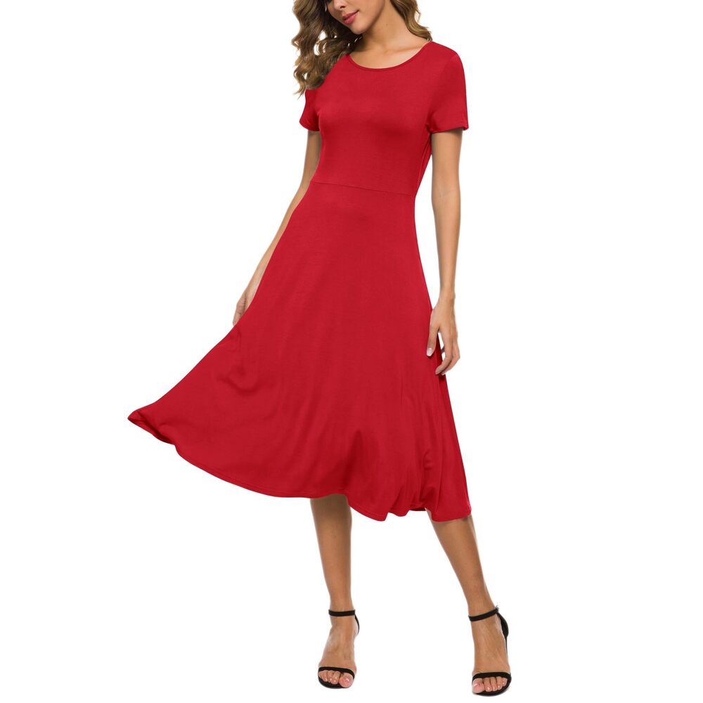 8620 Short Sleeve Round Neck Waisted Slim Summer Midi Dress 2XL, Red